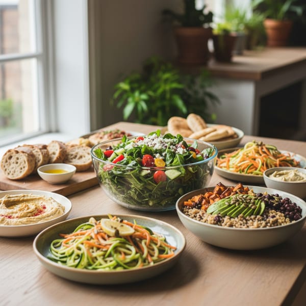 A table laden with various healthy American dishes, including salads, hummus, and grain bowls.