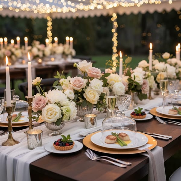 An outdoor dining table set with candles, floral arrangements, scallops, and berry tarts under string lights.