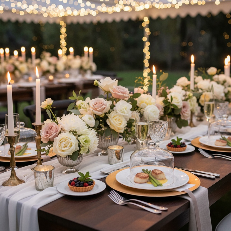 An outdoor dining table set with candles, floral arrangements, scallops, and berry tarts under string lights.