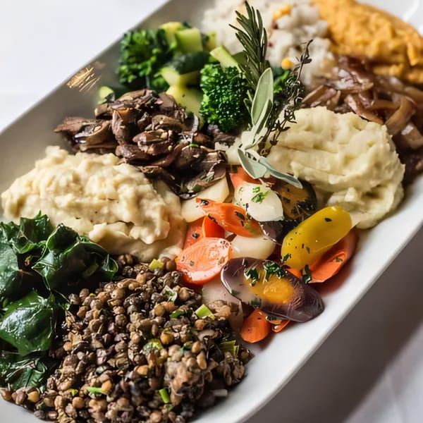 A white rectangular platter filled with various American dishes, including mashed potatoes, roasted vegetables, and lentils.