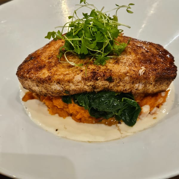 Seared fish fillet topped with microgreens, served over mashed sweet potatoes and spinach.