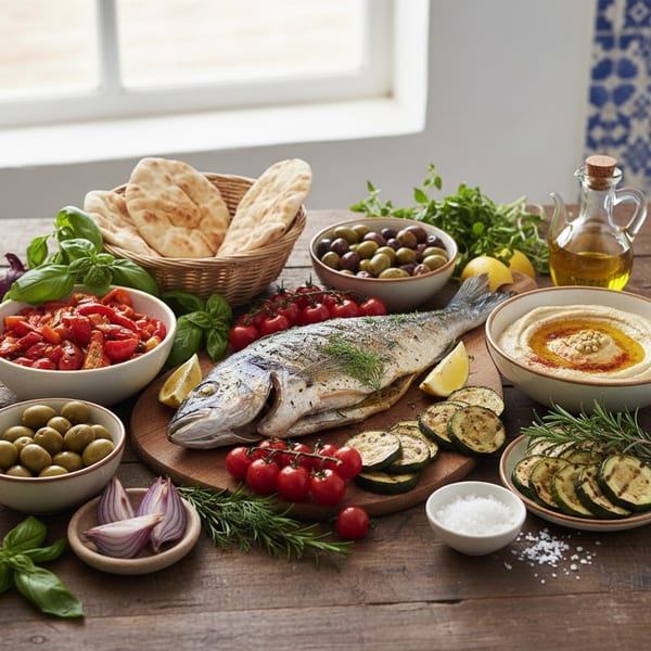 Whole roasted fish with grilled zucchini, tomatoes, olives, hummus, and pita bread on a wooden table.